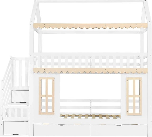 Merax Etagenbett Hausbett für Kinder mit Schrank und Treppe, Weiß und Natur, B/T/H: 200 x 90 x 120 cm - Bild 1