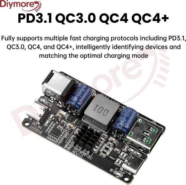 Diymore PD 140W DC Buck Ladeschutzmodul mit Dual Port Typ C USB-Ladegerät, Schwarz, Schnellladung PD3.1 QC3.0 QC4 QC4+ - Bild 1