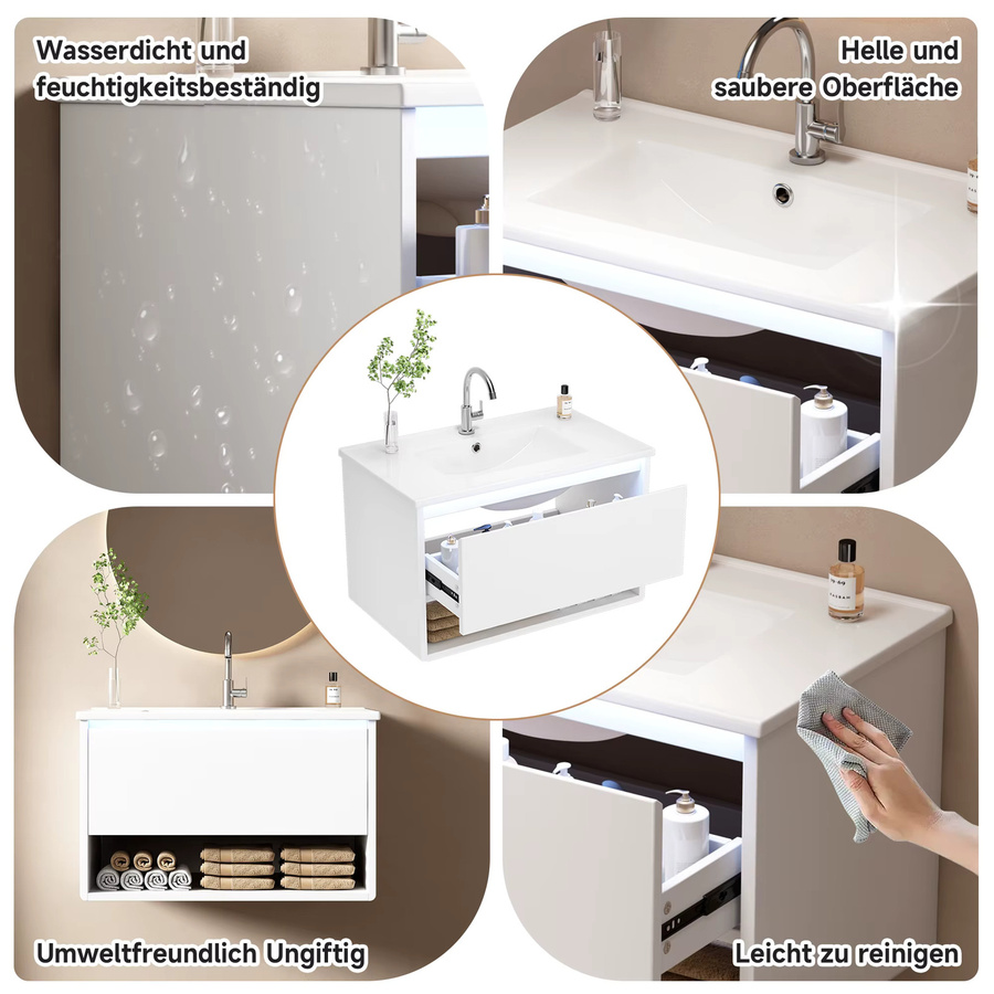 Svintora Badezimmer-Waschtisch in Weiß mit sensorischem LED-Licht, einer Schublade und offenem Regal, wandmontiert und modern - Bild 6