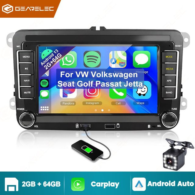 Gearelec 2 DIN Android 13 Autoradio mit 7 Zoll Display, Multimedia-Player mit Wi-Fi, GPS und CarPlay in Schwarz, kompatibel mit VW, Skoda, Golf 5/6, Touran, Passat und Jetta - Bild 1