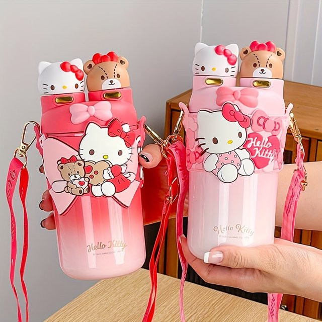 Sanrio Hello Kitty Edelstahl-Isolierbecher mit zwei Trinkmöglichkeiten, 550 ml, Rot und Pink - Bild 1