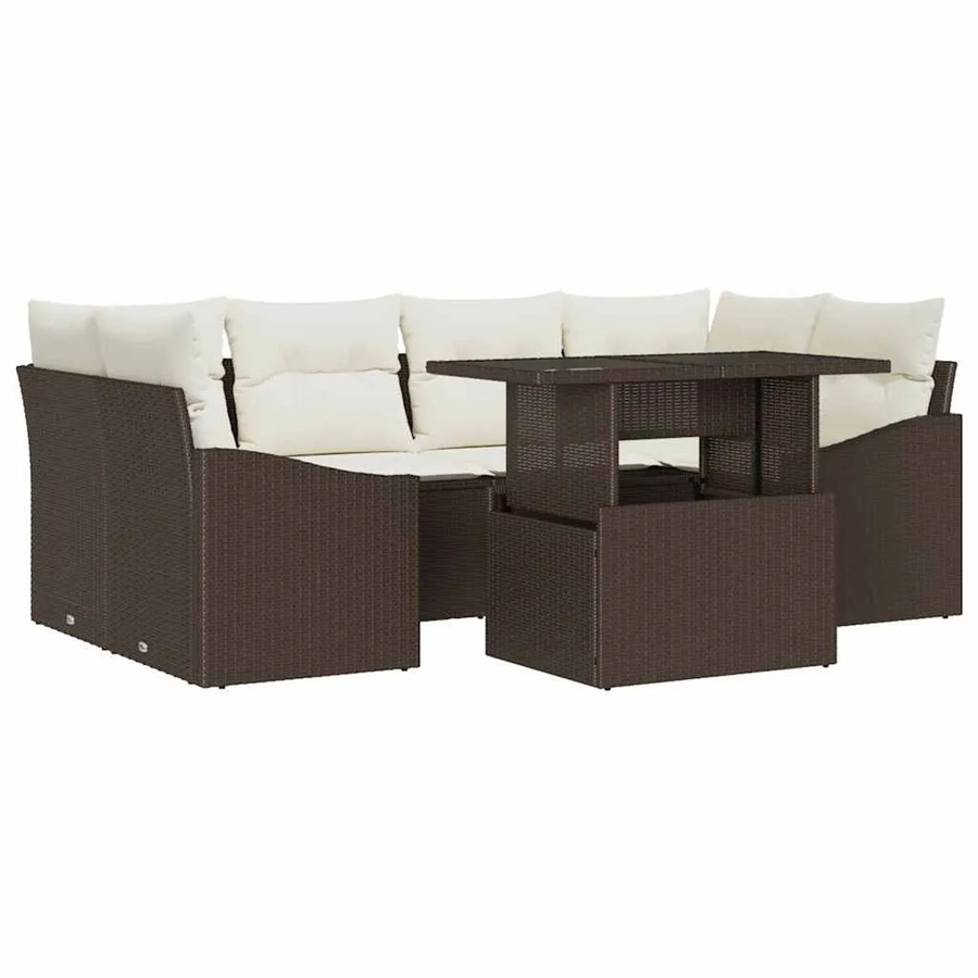 7-tlg. vidaXL Garten-Sofa-Set aus Poly-Rattan in Braun mit Polstern und integriertem Stauraum - Bild 2