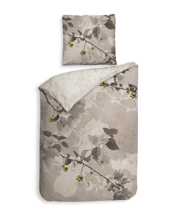 Heckett & Lane Mako-Satin Bettwäsche Dax Blütenzweige Schlangenhaut in Beige mit Bettbezug 155 x 220 cm und Kissenbezügen 80 x 80 cm - Bild 1