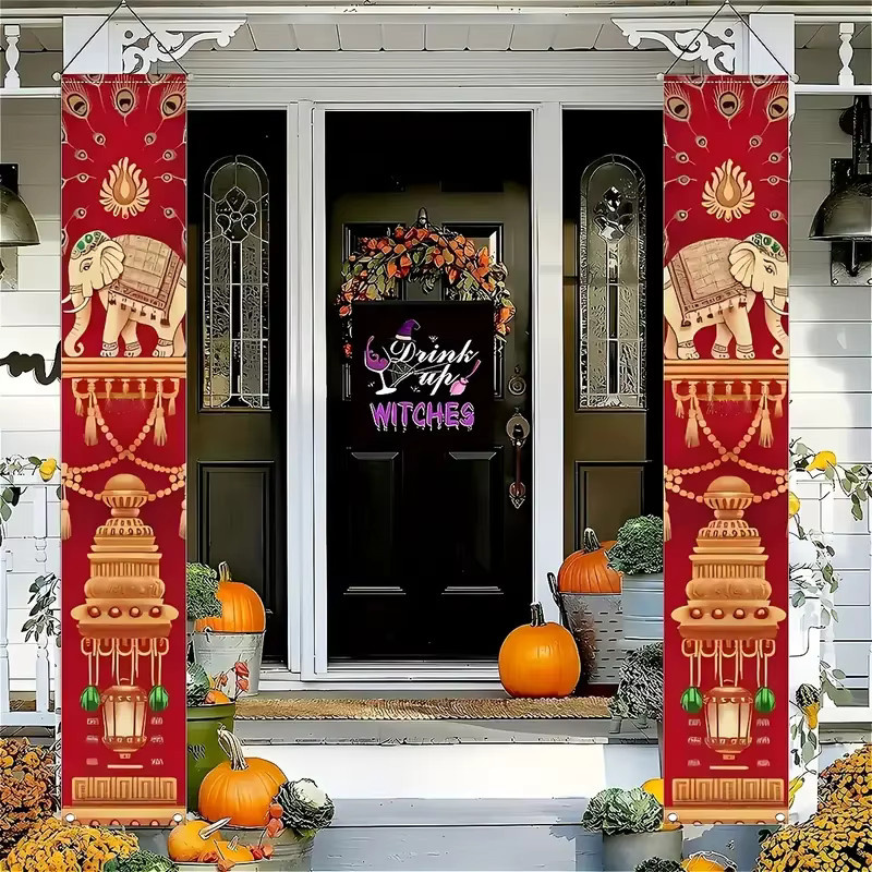 VIKAMA 2er-Set Diwali Veranda-Banner mit exotischen Elefantenmotiven in Rot, dekorative indische Türvorhänge für Innenhof und Außenbereich, B/H: 30 x 180 cm - Bild 3