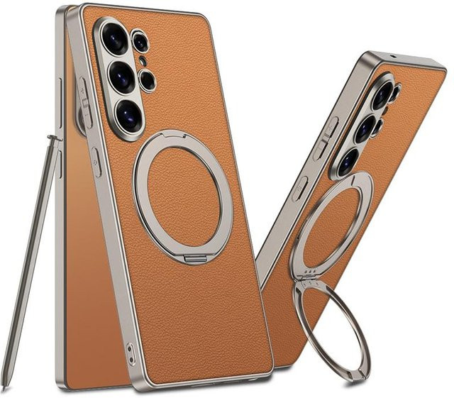 Stoßfeste Samsung Galaxy S26 S25 S24 S23 Ultra Handyhülle aus PU-Leder in Braun mit 360 Grad drehbarem magnetischem Ständer - Bild 1