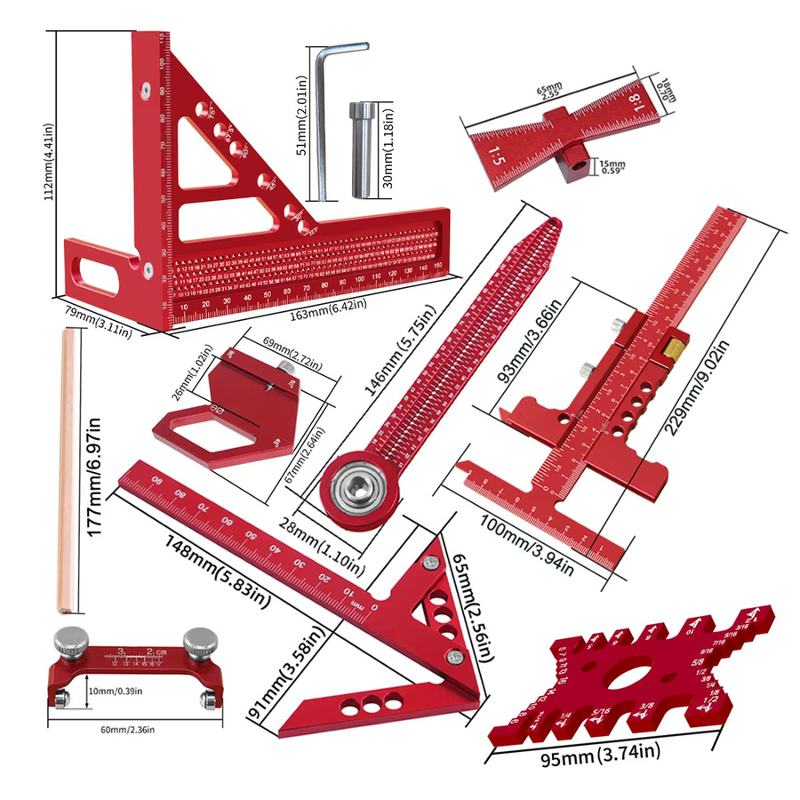GDART Holzbearbeitungs-Set mit Box: 6–8 Stück Kombination aus Quadrat, Aluminium-Anreißlineal, Mittelsucher, Ziehkreisförmigem Lineal und Höhenmessgerät - Bild 5