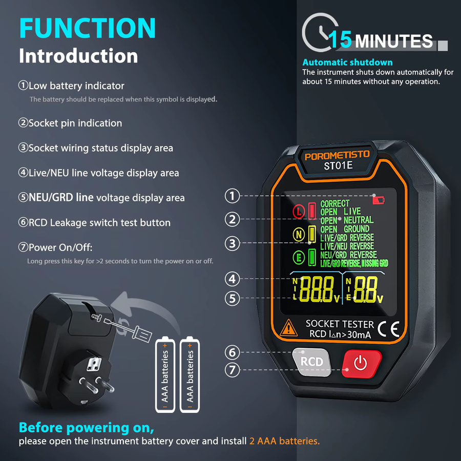 POROMETISTO ST01 Digitaler Steckdosentester mit Farbbildschirm in Schwarz, Schaltungsprüfer und RCD-Steckdosendetektor mit Data Hold und Polaritätstester (UK/EU/US) - Bild 2