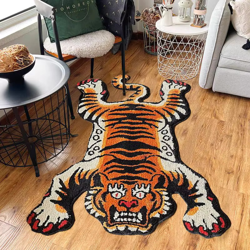 VIKAMA Vintage-Plüschteppich im amerikanischen Stil mit Tiger-Design in Orange und Schwarz, B: 120 cm, T: 80 cm, H: 1 cm - Bild 1