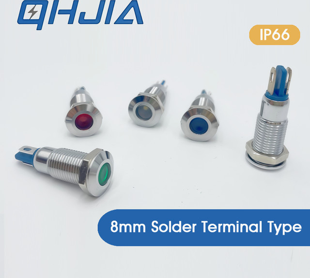 QHJIA LED-Signalleuchte Gelb, 8mm IP66 Wasserdichte Metall-Anzeigeleuchte für Industrieanlagen mit Kabel und Lötanschlüssen - Bild 1