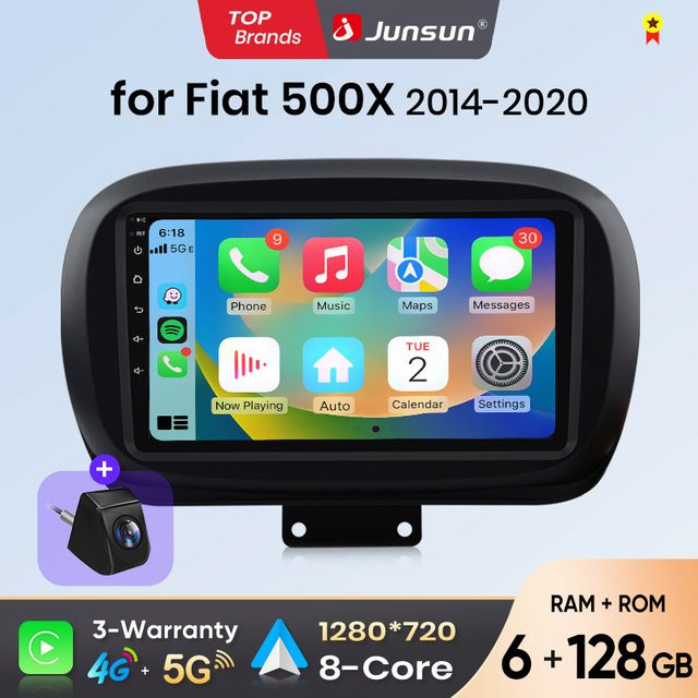 Junsun Android Auto Autoradio für Fiat 500X mit Wireless Apple CarPlay, 9.0 Zoll IPS Touchscreen, Bluetooth und Multimedia Videoplayer, Schwarz, 2 Din - Bild 1