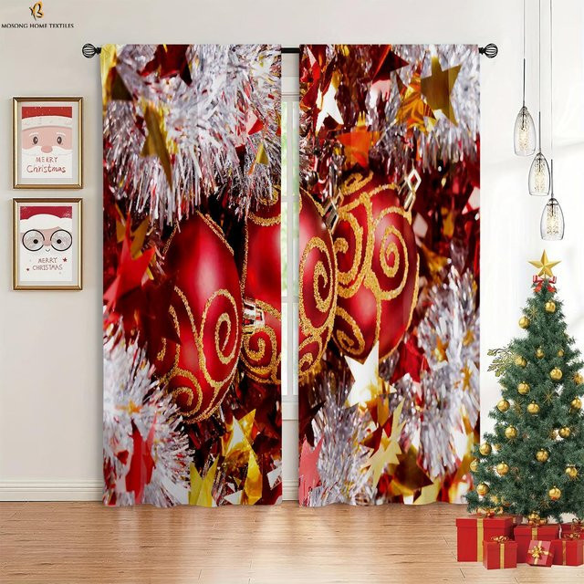 Weihnachtsvorhänge mit Motiv von Weihnachtsmann, Schneemann und Weihnachtsstrümpfen, rot, 2er-Set, Breite: 50 cm, Höhe: 130 cm - Bild 1