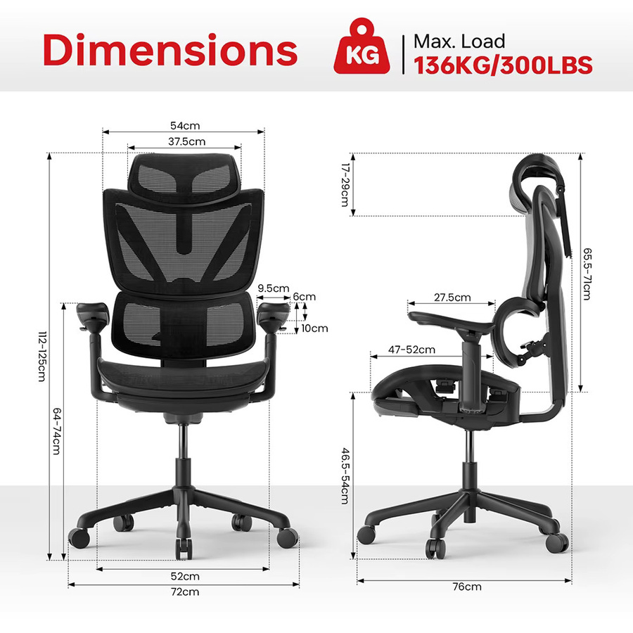 ACGAM CG-5245M Ergonomischer Gaming-Stuhl in Schwarz mit atmungsaktivem Netzstoff, verstellbarer Lendenwirbelstütze, 3D-Armlehnen und 2D-verstellbarer Kopfstütze - Bild 2