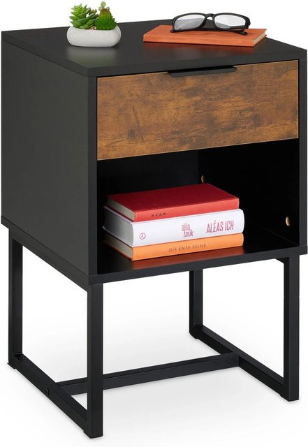 Relaxdays Nachttisch im Industrie-Design aus Holzwerkstoff und Eisen, Schwarz/Braun, B: 60,5 cm, T: 40 cm, H: 41,5 cm - Bild 1