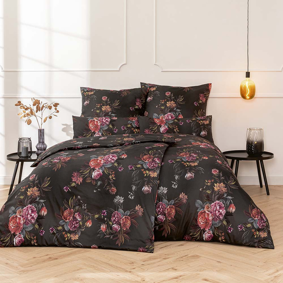 Estella Mako-Satin Bettwäsche Joyce Blumen Rosen Romantik in Grau, Bettbezug B: 155 cm, H: 220 cm und Kissenbezug 80 x 80 cm - Bild 1