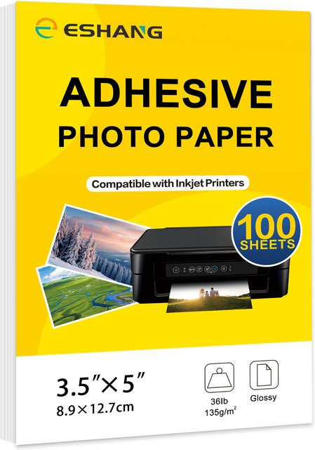 ESHANG Selbstklebendes Fotopapier Glänzend für Tintenstrahldrucker, 100 Blatt, Weiß, 3,5 x 5 Zoll, 135 g/m², Nur für Farbstofftinte - Bild 1