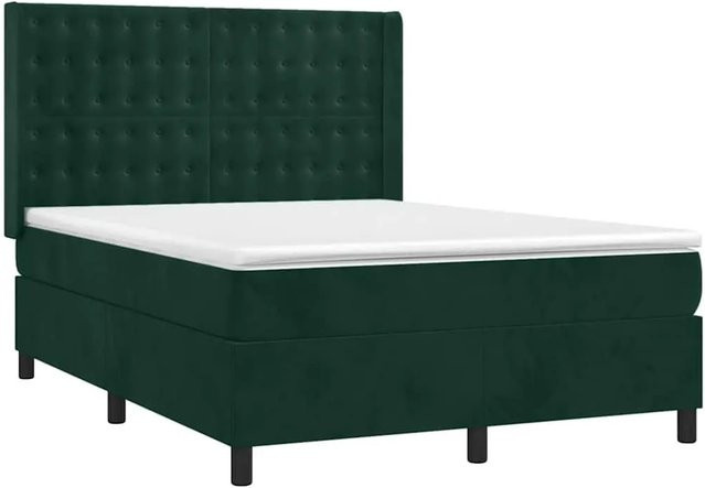 vidaXL Boxspringbett mit Matratze in Dunkelgrün, Hybridbett mit LED-Unterbettbeleuchtung und USB-Anschluss, Samt, B/T: 140 x 190 cm - Bild 1