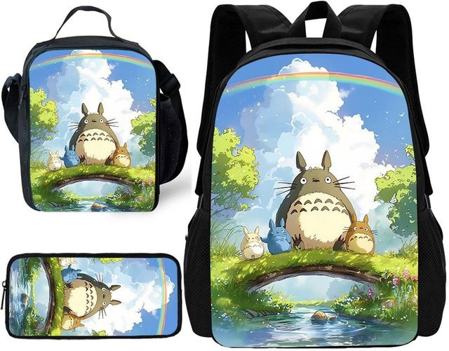 Fancy Style Studio Kinder Schulrucksack Set mit Brotdose und Federmäppchen im Totoro Anime Design, Mehrfarbig - Bild 1