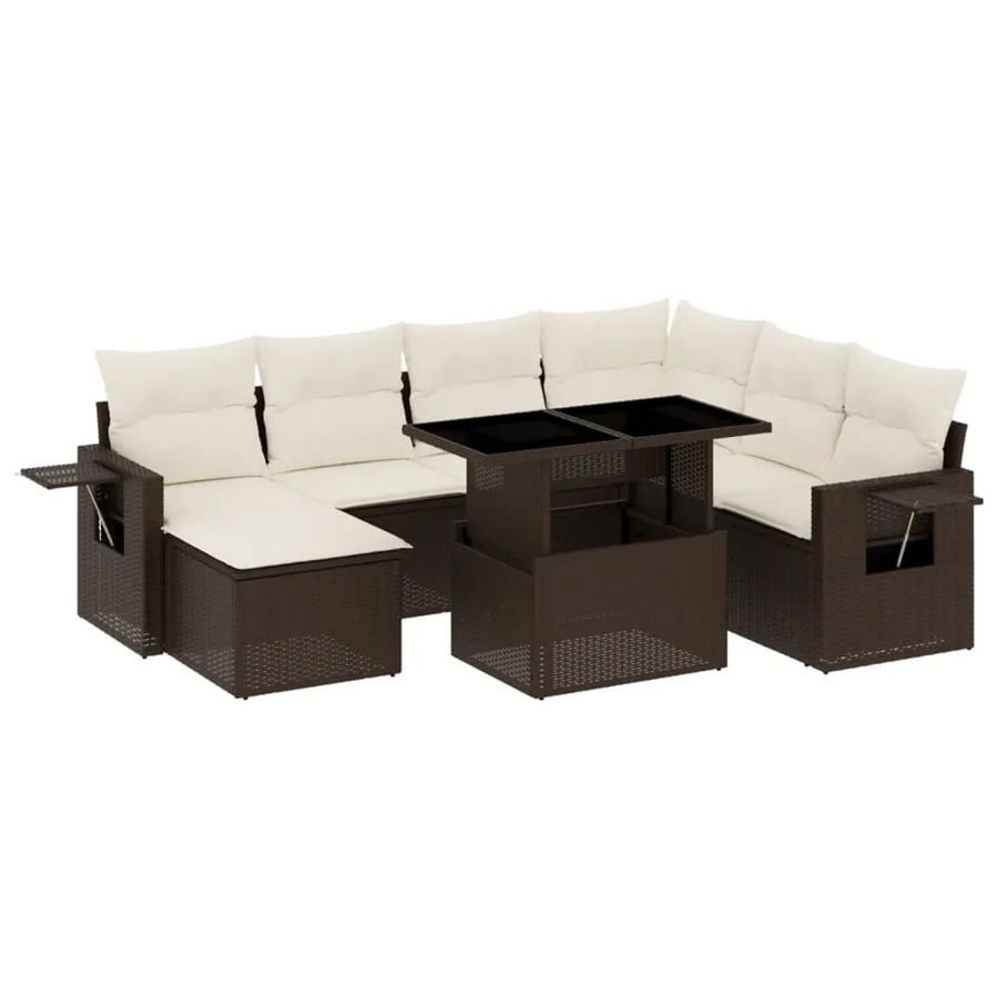 vidaXL 8-tlg Garten-Sofagarnitur in L-Form aus braunem Poly-Rattan mit cremeweißen Kissen und Metallrahmen - Bild 2