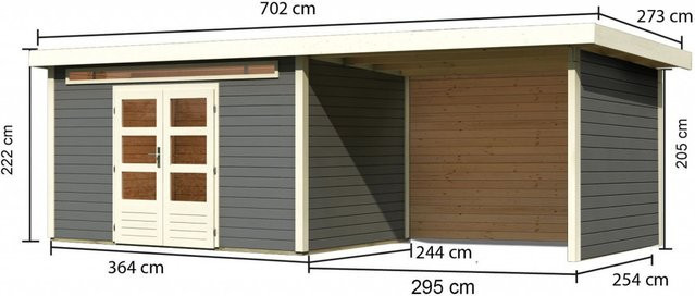 Gartenhaus aus Holz KANDERN 7 in Terragrau mit Flachdach und Anbaudach, Wandstärke 28 mm, B/T: 364 x 244 cm - Bild 1
