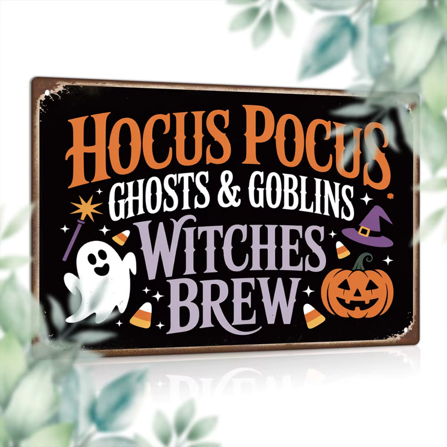 Putuo Decor Vintage-Metallblechschild Hocus Pocus Ghosts & Goblinswitches Wandkunstdekoration für Halloween in Mehrfarbig - Bild 2