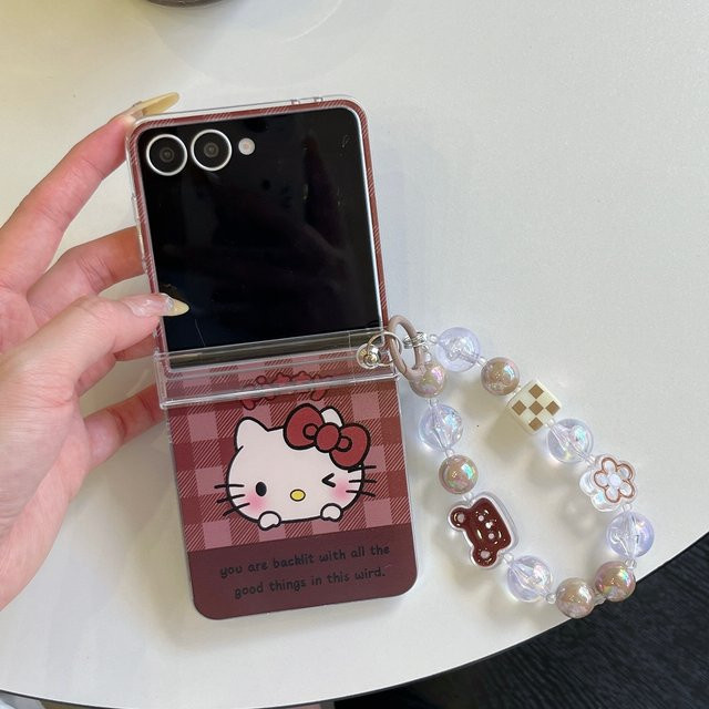 Sanrio Hello Kitty Handyhülle mit Gitter-Design und Lanyard in Rot für Samsung Galaxy Z Flip 3, 4, 5, 6 und 7 FE - Bild 1