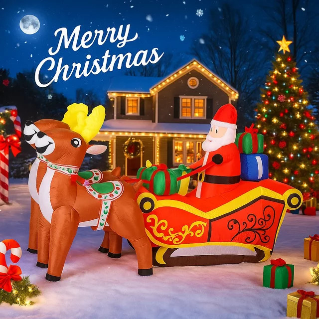 Aufblasbare Weihnachtsdekoration Santa Schlitten mit Rentier und Geschenktasche, LED beleuchtet, mehrfarbig - Bild 1