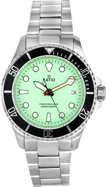 Ratio Herrenuhr FreeDiver, Edelstahl, grünes Zifferblatt, Quarz, 200M - Bild 1