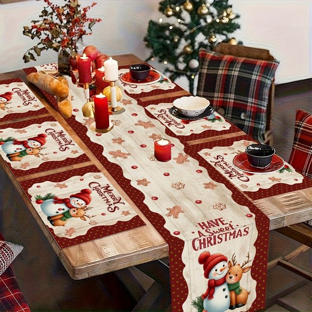 ZZN Weihnachts-Tischläufer und Tischsets aus Baumwolle mit Schneemann und Rentier Motiv in Rot und Weiß - Bild 1