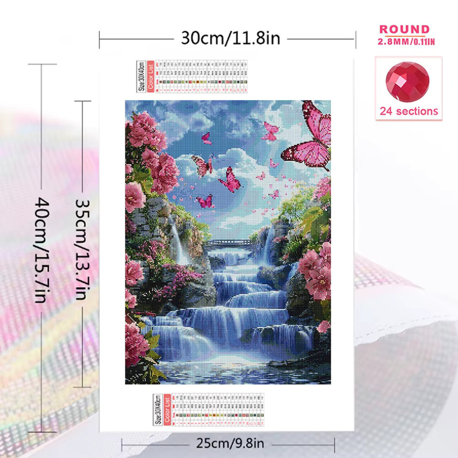 Momoart Diamant Mosaik DIY Set Wasserfall Landschaft und Blumen als runde Stickerei in Multicolour, B/T/H: 30,0 x 20,0 x 20,0 cm - Bild 2