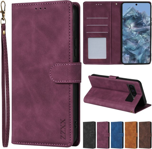 Lederne Brieftaschenhülle für Google Pixel 10a 10 Pro XL 9 8a 8 Pro 7 7a 6a mit Kartenfach, Fotorahmen und magnetischem Klappverschluss in Blau und Lila - Bild 1