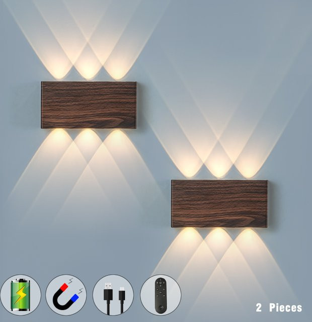 Wiederaufladbare LED-Wandleuchte in Holzoptik mit Fernbedienung, Magnetische kabellose Wandlampe mit 3 Farbtemperaturen und 5200mAh Akku, Braun, Rechteckig - Bild 1