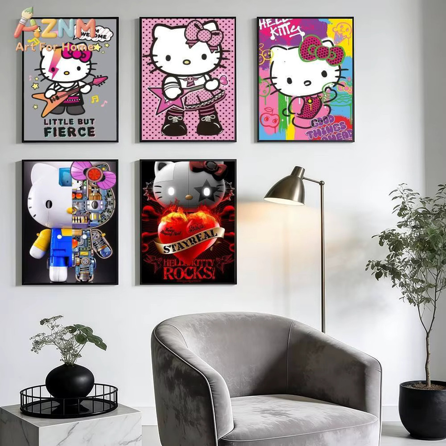 AZNM Hello Kitty Sanrio Leinwand-Wandkunst Pink Punk Style C, ungerahmtes Cartoon-Poster mit Katzen-Rockstar-Motiv, mehrfarbig - Bild 3