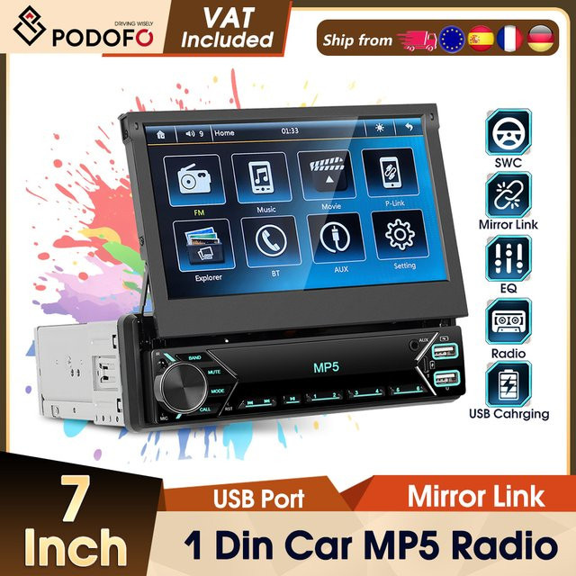 Podofo 7-Zoll-Autoradio mit einziehbarem Bildschirm, Bluetooth, 1 DIN, Unterstützung für Rückfahrkamera, TF-Karte und U-Disk, Schwarz - Bild 1