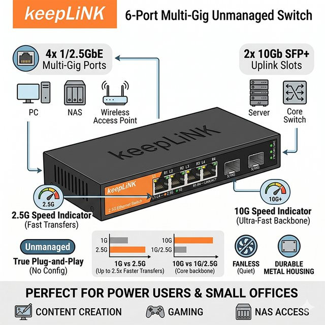 keepLiNK 6-Port Multi-Gig Unmanaged Switch mit 4x 1/2.5GbE RJ45 und 2x 10Gb SFP+ Uplink im Metallgehäuse - Bild 1