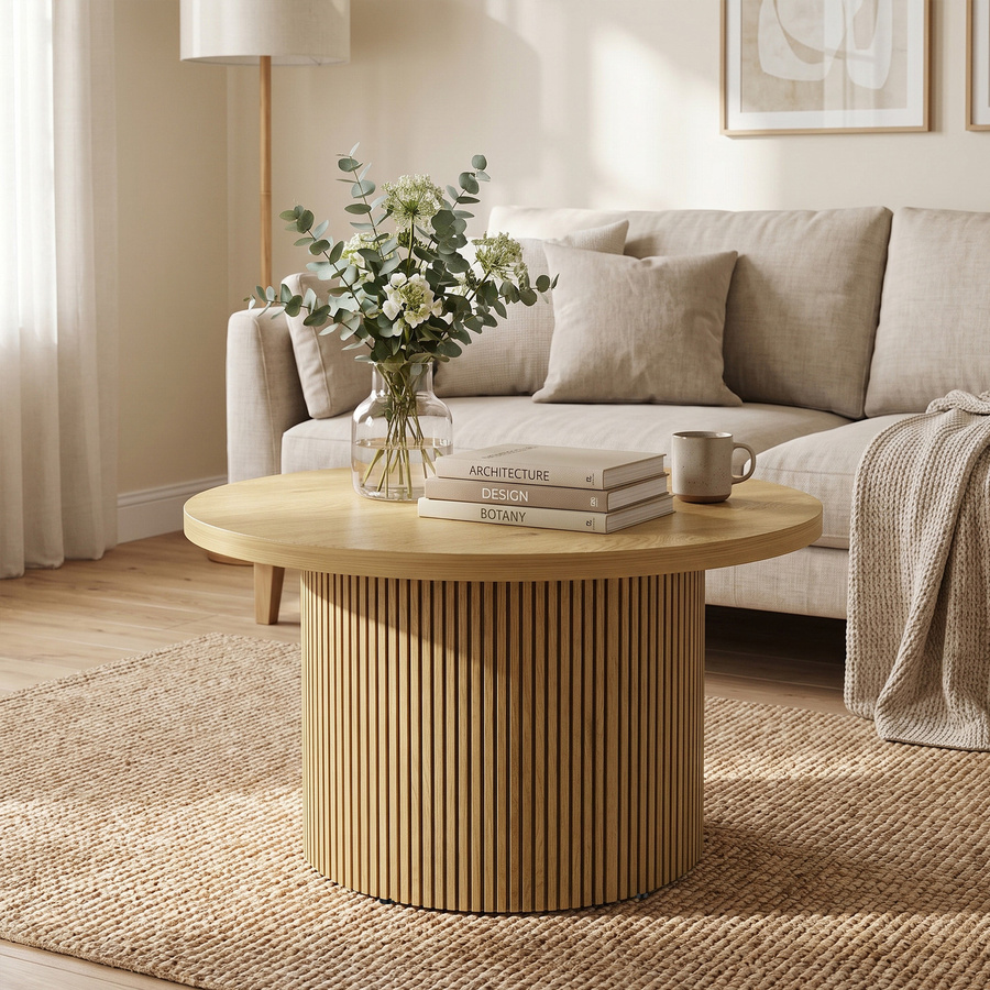 HOMCOM runder Couchtisch in Naturholz-Optik mit geripptem Fuß, moderner Wohnzimmertisch für Wohnzimmer, Schlafzimmer und Büro, Durchmesser: 80 cm, Höhe: 45 cm - Bild 2