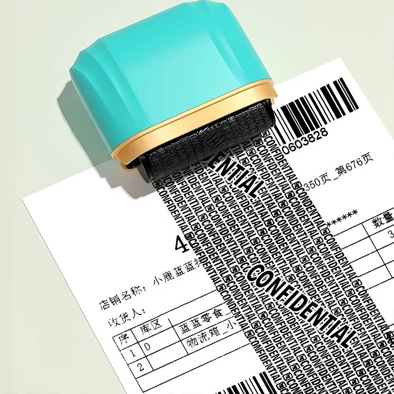 Selbststempelnder Rollstempel zum Datenschutz in Grün für den Schutz vertraulicher Informationen und Identitäten - Bild 3