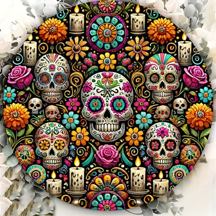 HELLOYOUNG Metallschild Candy Skull Kranz Tag der Toten Dekoration, rund, multicolor - Bild 5