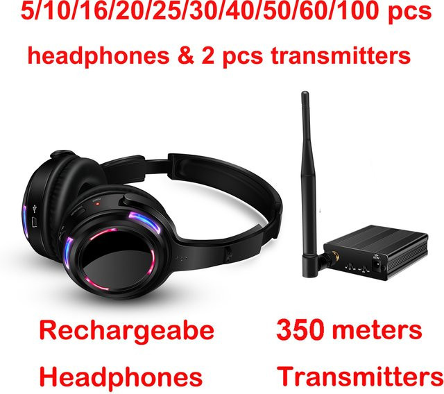 CATASSU Wiederaufladbare kabellose Silent Disco Kopfhörer in Schwarz mit 2 HF-Sendern für DJ-Events und Hauspartys - Bild 1