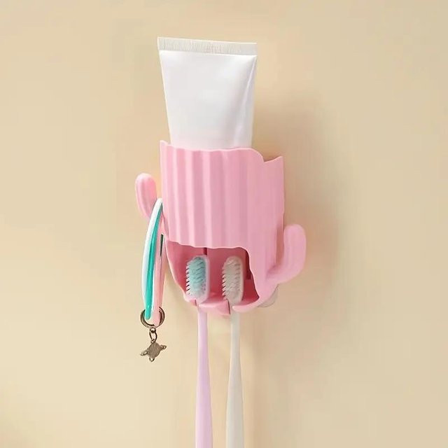 Elberta Zahnbürstenhalter Kaktus Design in Rosa, selbstklebend und wandmontiert mit Haken zur Aufbewahrung im Badezimmer oder in der Küche - Bild 1