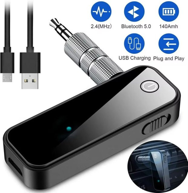 VIKEFON Bluetooth 5.0 Audio-Adapter in Schwarz mit 3,5 mm Klinke und USB-A als Sender und Empfänger für Stereo-Musik und Freisprechanrufe - Bild 1