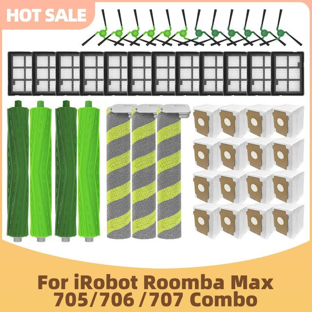 OSSIEAO Ersatzteil-Set für iRobot Roomba Max 705 Combo 706 707 Combo in Multicolour bestehend aus Hauptbürste Seitenbürste Filter Staubbeutel und Wischtuch - Bild 1