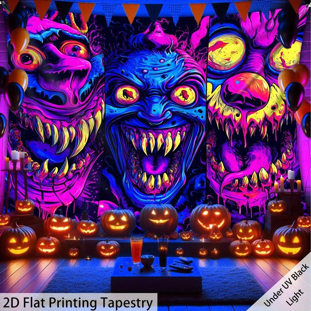 VIKAMA Neon Wandteppich Horror Monster Jack-o'-Lantern für Halloween Party Dekoration, Mehrfarbig, Breite: 60 cm, Höhe: 40 cm - Bild 1