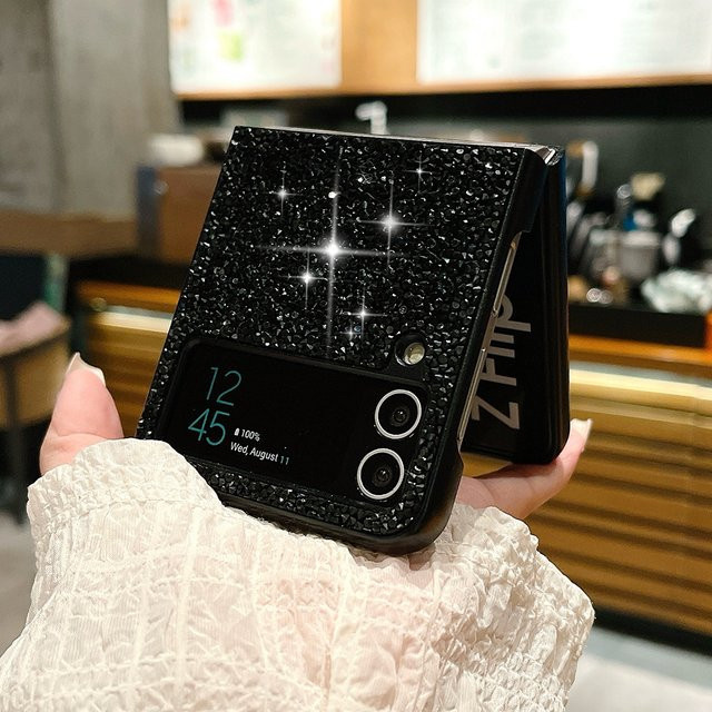 Luxuriöse Samsung Galaxy Z Flip Handyhülle mit Diamanten und Strasssteinen in Schwarz, ultradünn und stoßfest - Bild 1