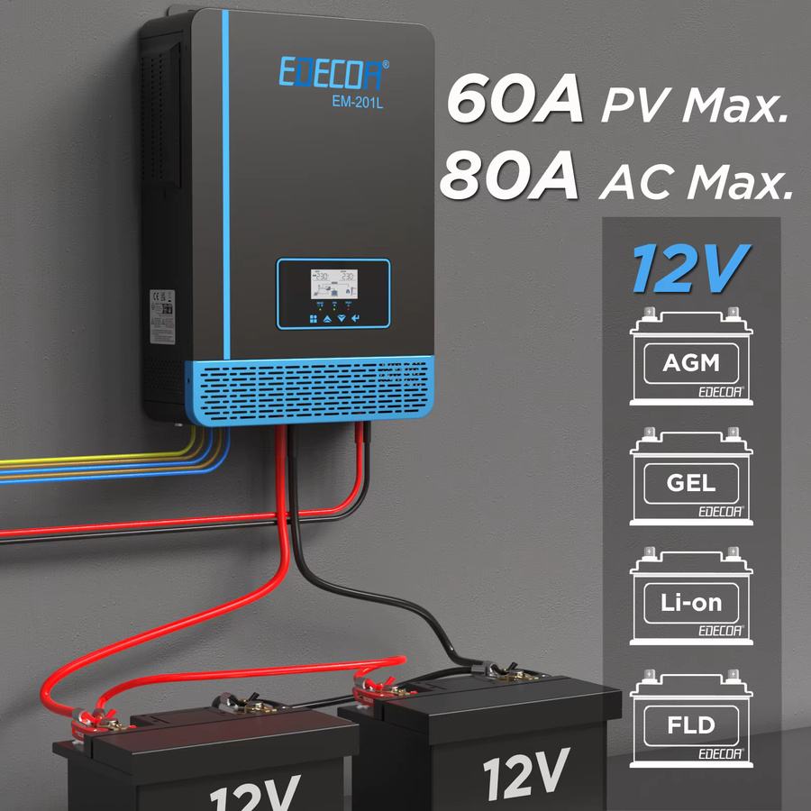 EDECOA Solar-Hybrid-Wechselrichter 2000 W mit MPPT 60 A Solarladegerät, reiner Sinus, 12 V auf 220 V/230 V, PV 20 V-150 V - Bild 3