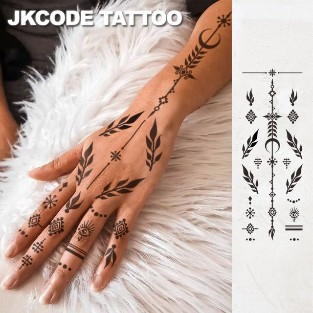 JKCODE TATTOO Handtattoo Damen, Henna Blatt- und Rosenmuster - Bild 1