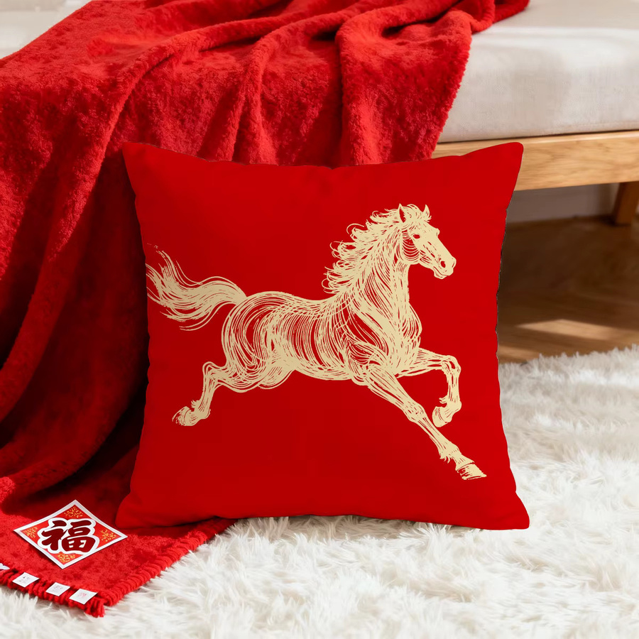 VIKAMA Wurfkissen im chinesischen Stil mit laufendem Pferd, quadratisch, Rot/Gold, B/B/H: 30 x 30 x 30 cm - Bild 2