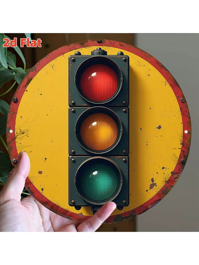 Potdemiel Retro Ampel Wandkunst aus Metall, Industrielles Schild in Gelb mit Rot und Grün, B/H: 19,81 x 19,81 cm - Bild 4
