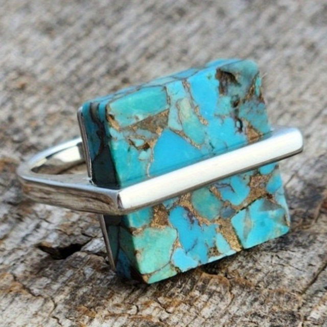YoYo Ring, quadratisch, Türkisimitat, Silberfarbe, Damen - Bild 1