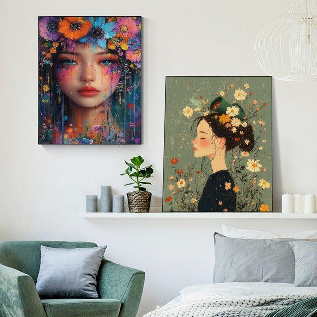 RUOPOTY 5D Diamant-Malerei Set mit Porträt einer Frau und abstrakten Blumenhaaren als Wandkunst für Full Round Diamant-Mosaik - Bild 1
