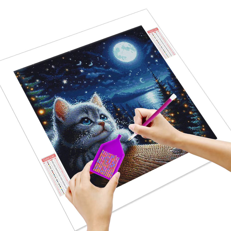 Huacan Diamantmalerei Katze und Mond als Tierlandschaft Dekoration Set mit runden Steinen - Bild 2